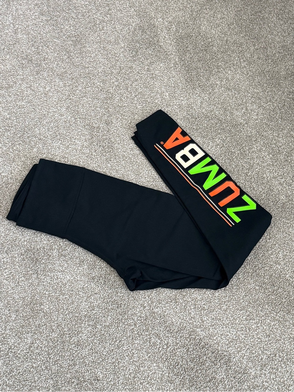 NWOT Zumba Fitness Black Leggings with Neon Green & Orange Logo High Waisted